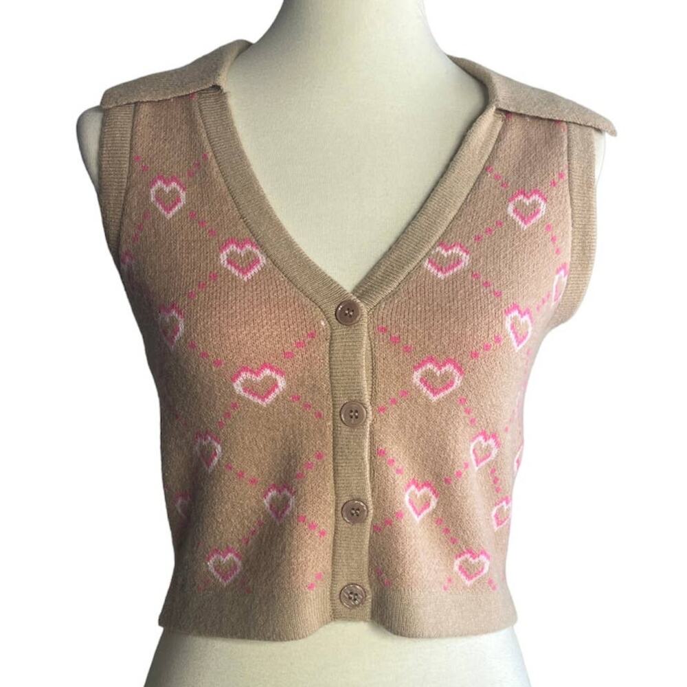 Witty Fox Tan Cropped Vest with Pink Hearts